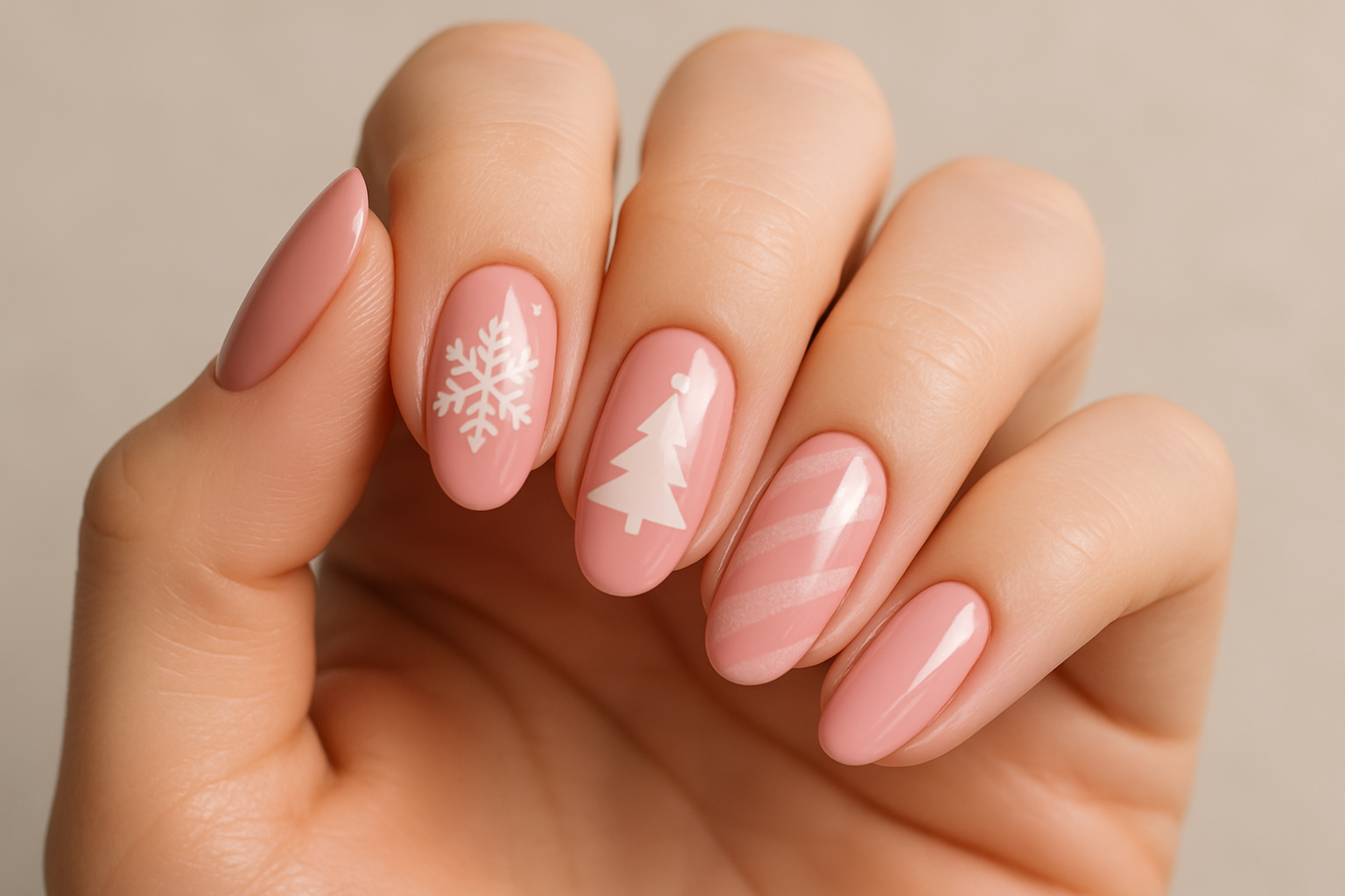 Explore elegant pink Christmas nail designs with charming details and festive style.