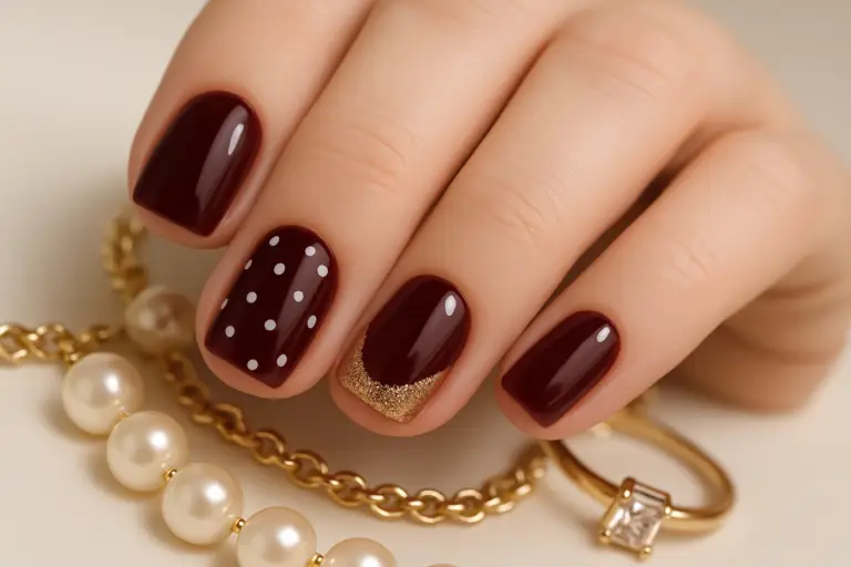 Explore the charm of short dark cherry red nails through various design ideas, paired with elegant accessories for a chic look.